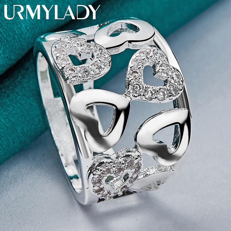 URMYLADY Ciondolo con zirconi a forma di cuore liscio cavo in argento sterling 925 7-10 # Anello per donna, matrimonio, fidanzamento, gioielli di moda