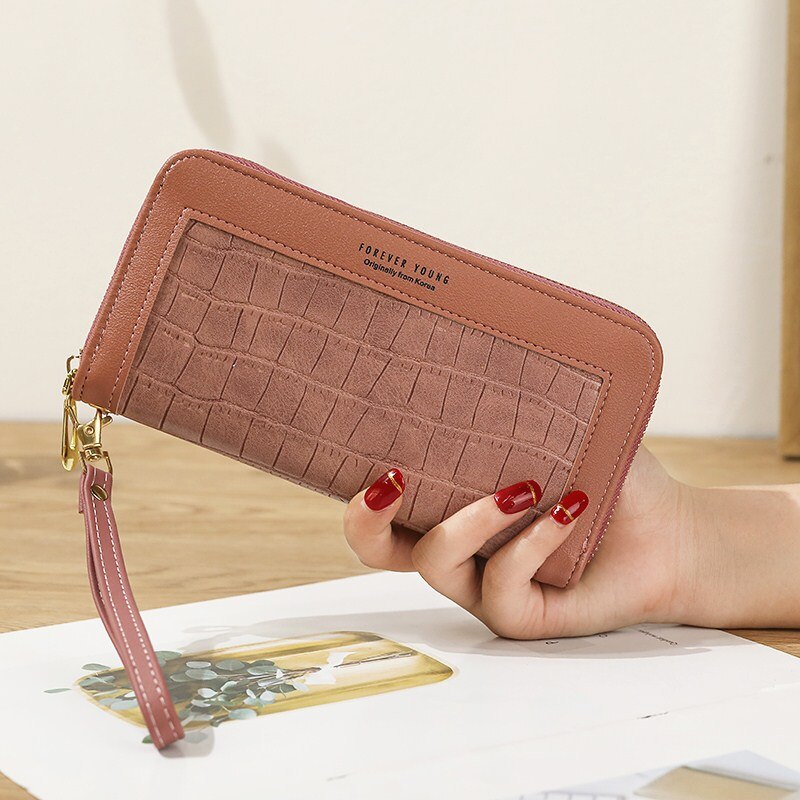 Ladies Wallet Long Zipper Korean Student Stone Pattern Purse Large Capacity Clutch Soft wallet Mobile Phone Bag Red Card: Single  dark pink