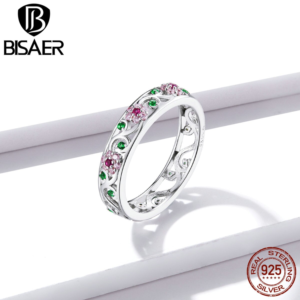 Colorful Flowers Jewelry Sets BISAER 925 Sterling Silver Pink Zircon Ring & Hoop Earrings For Women Luxury Jewelry