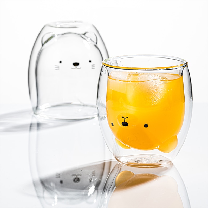 Taza de café de vidrio de doble pared, vasos de oso innovador, tazas de café de doble pared resistentes al calor, vaso de vidrio para leche de mañana