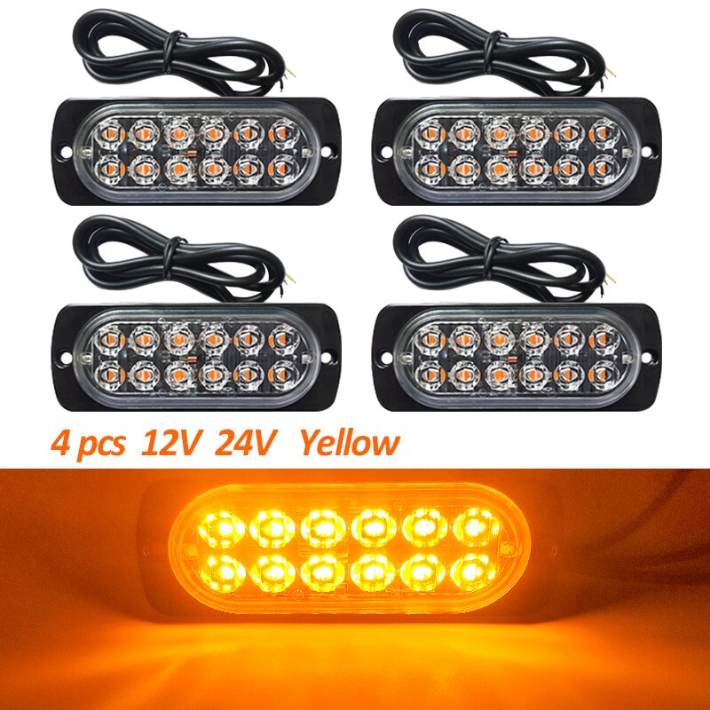 4PCS Yellow 12 LED 36W Light Bar Car Truck Hazard Beacon Warning Lamp Grill Breakdown DC12V Led Amber Lamp Accessories