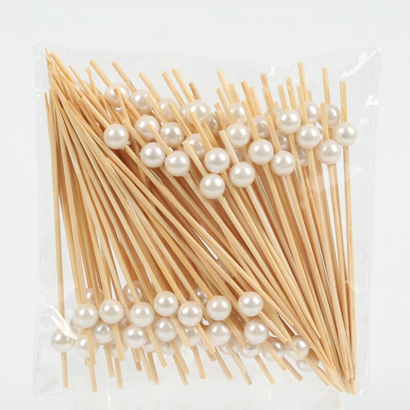 100PCS Gold Beads Bamboo Fruit Sticks For Kids Cocktail Decoration Picks Salad Sandwich Buffet Toothpicks Wedding Party Supply: White Beads