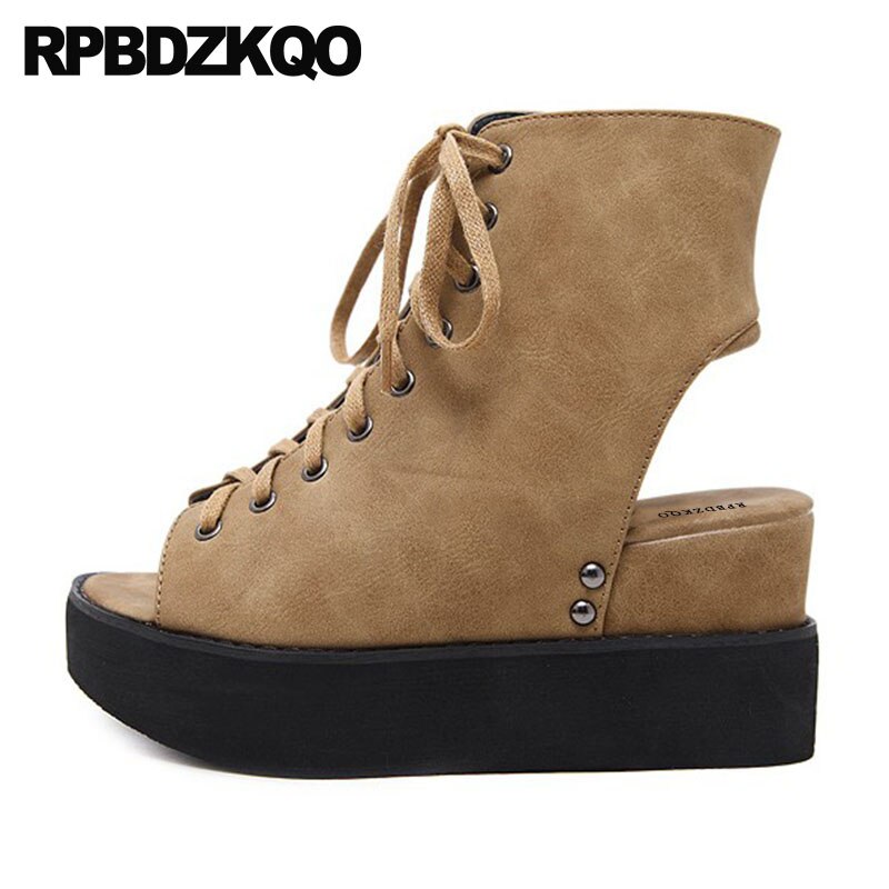 Støvler sko støvletter snøre harajuku kvinder wedge platform sandaler damer peep toe pumps brun sommer slingback høje hæle