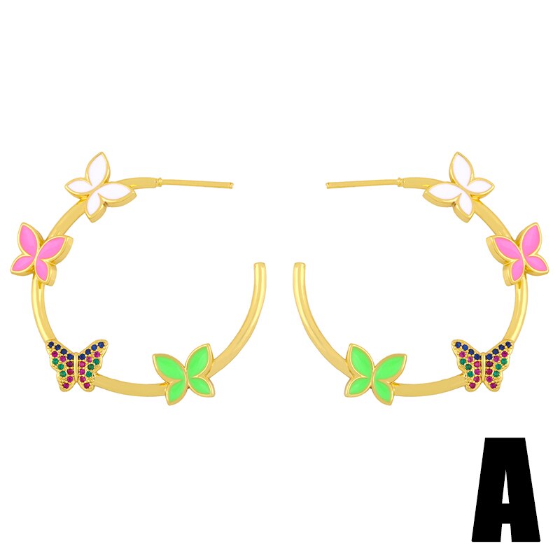 FLOLA Multicolor Butterfly Hoop Earrings For Women Enamel Big Hoop Earrings Crystal Cubic Zirconia Gold Filled Jewelry ersv26: A