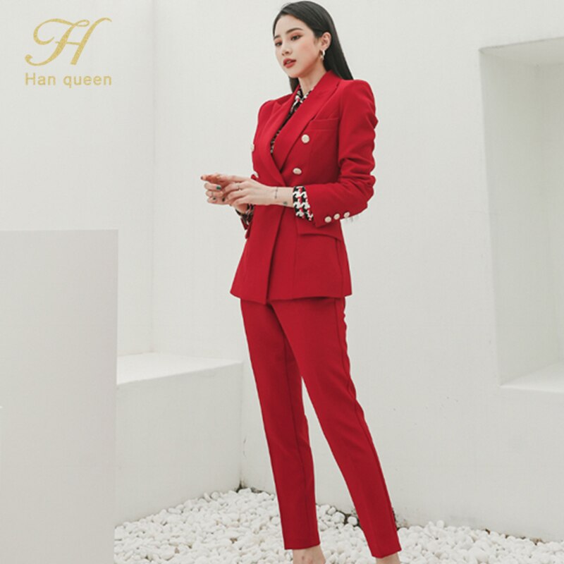 H han dronning kontor dame bukse dress dress rød 2 stykke sett til kvinner dobbelt breasted blazer & blyantbukser koreansk forretningssett høst: M