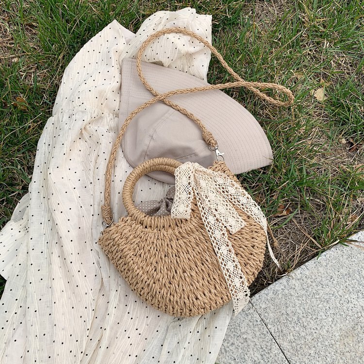 Ins bolsas feitas à mão meio redonda femininas, bolsa de palha de tecido, feita a mão para mulheres, cordão para o verão 2020