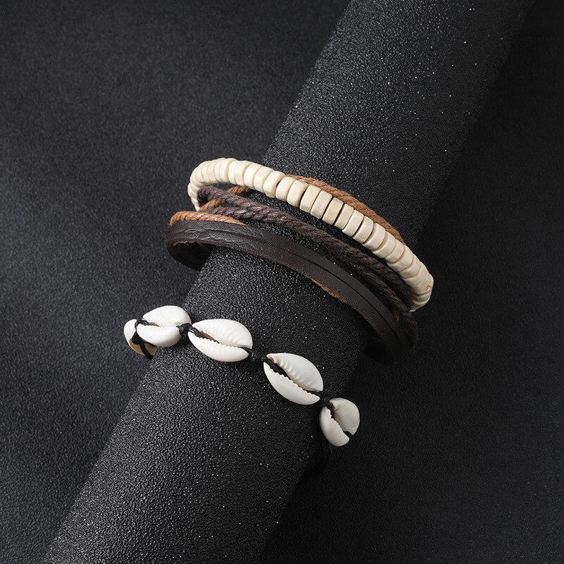 2Pcs Sea Shell Charm Braided Multilayer Leather Bracelets Set Handmade Wood Beads Wrap Bangles For Men Boys