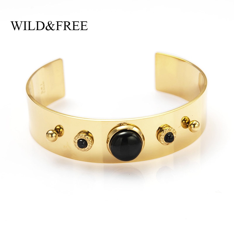 Wild & Gratis Bohemian Stijl Rvs Brede Armbanden Voor Vrouwen Punk Black Stone Gold Open Manchet Armbanden Armbanden Sieraden