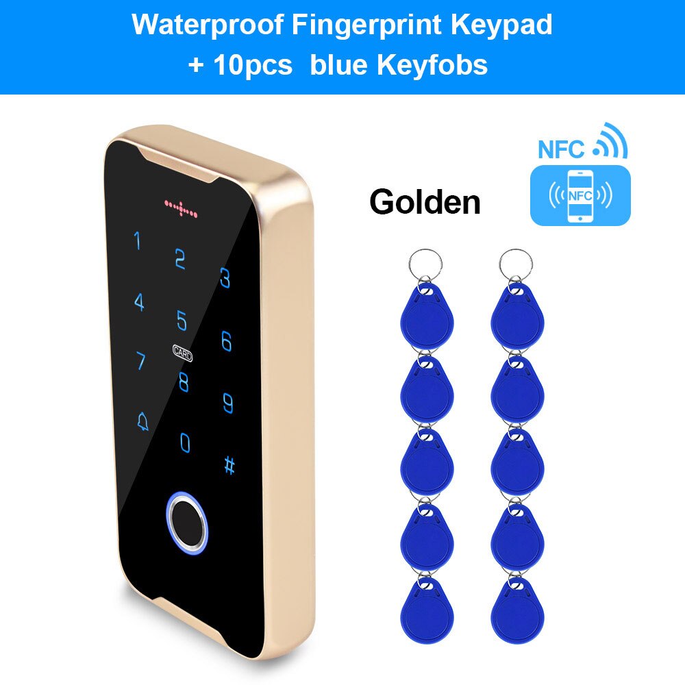 Mobile Phone NFC Access Control Keypad RFID Keyboard Access Controller System Fingerprint IP68 Waterproof 13.56MHz Card Reader: Golden with 10 Keys