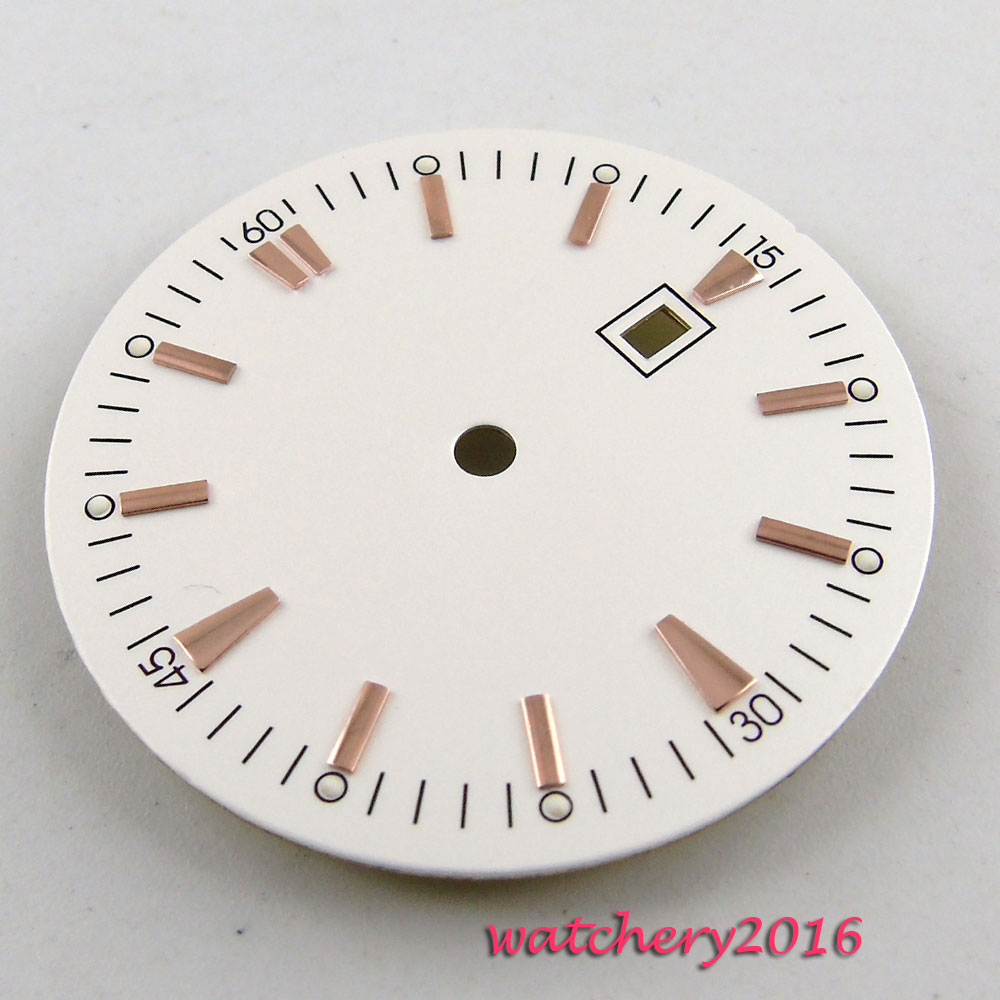 34.8mm wit steriele dial rose gouden marks fit ETA 2836 Mingzhu 2813 beweging heren Horloge wijzerplaat