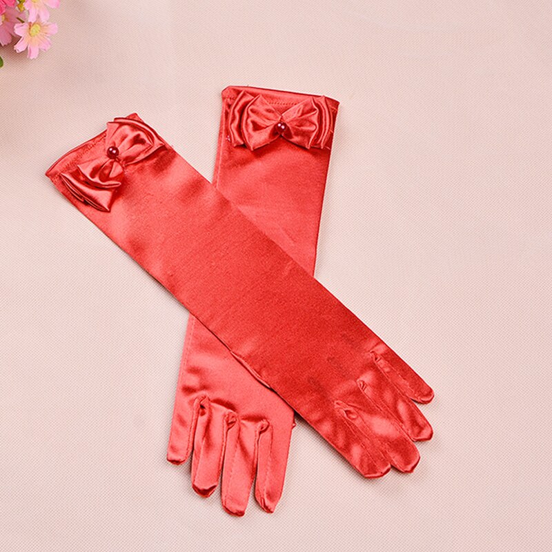 Long Princess Dance Stage Gloves Satin Kids Girls Wedding Dress Costume Accessories with Bow Children &#39;s Day Birthday Xmas