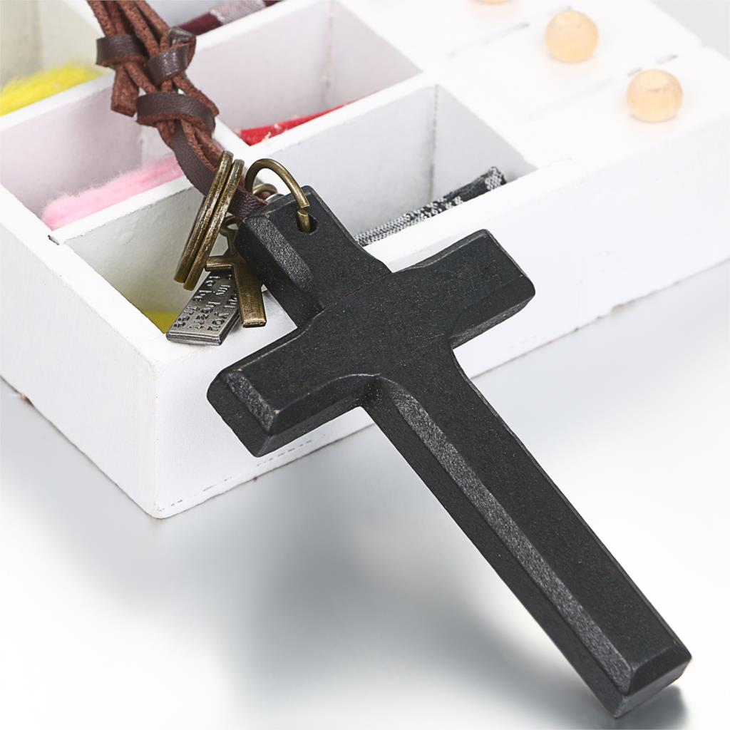 BONISKISS Vintage Wood Cross Necklaces For Men Adjustable Leather Necklace Cool Decoration For Man Birthday Male Jewelry