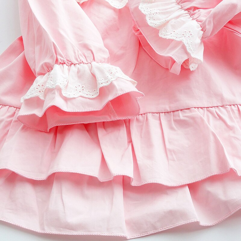 Spring Autumn Girls Pajamas Set Long Sleeve Cotton Lace Home Custome Pink Princess Children Sleeping Clothes