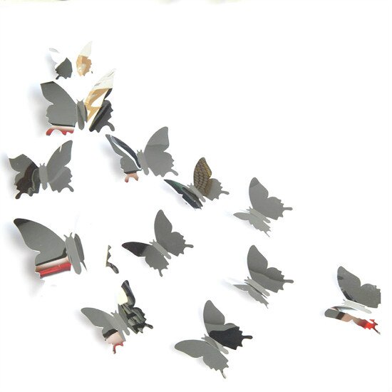 Espejo de mariposa 3D para decoración de la habitación de los niños, pegatina de pared, arte extraíble, decoración de boda, cristal, 12 unids/lote: Plata