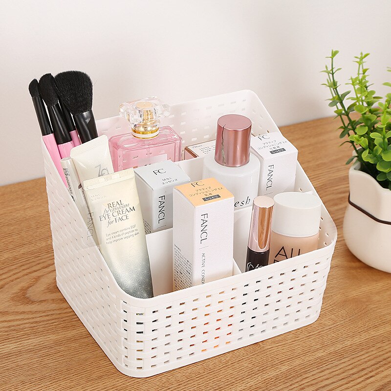 Imitation Rattan 5 Slots Grid Makeup Organizer Plastic Multi-grip Rack Desktop Storage Case Cosmetics Storage Box