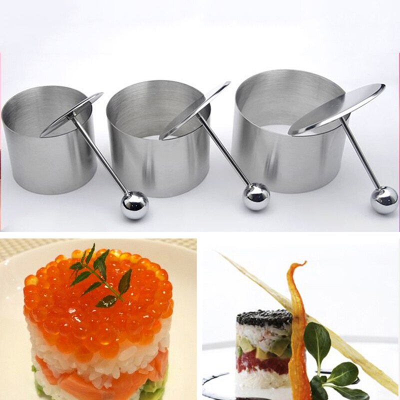 Molde redondo para platos fríos con tablero de empuje, herramientas creativas para platos de Hotel de cocina, plato para ensalada, molde que da forma de arroz frito de acero inoxidable