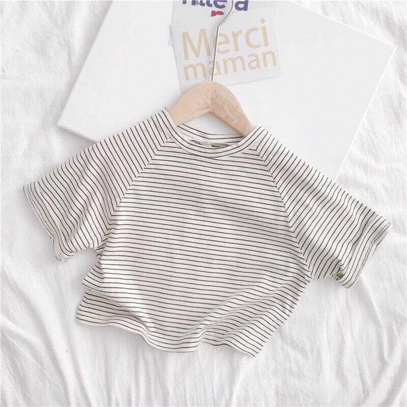 T-shirt rayé à manches courtes pour garçons et filles, haut à cinq points, ample, version coréenne, été , P4330: 3 / 2T