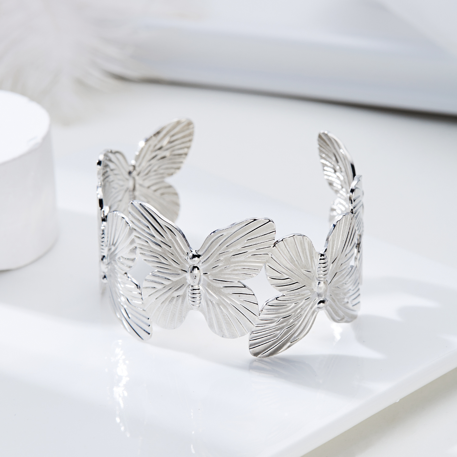 Stainless Steel Hollow Flower Butterfly Open Wide Bracelet Gold Plated Adjustable Cuff Bracelets For Women Jewelry: Gold-color