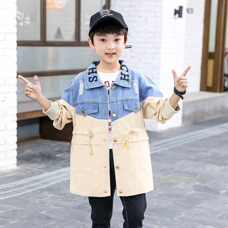 Boys Denim Trench 3-13 years old Korean Spring and Autumn Children's Clothing Letter Turn-down Collar Kids Clothes
