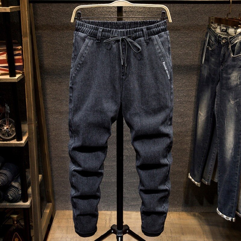 Svarta stora jeans herr plus size college haremsbyxor höst elastiska stretch fötter byxor 7xl 6xl 5xl: Mörkgrå / L