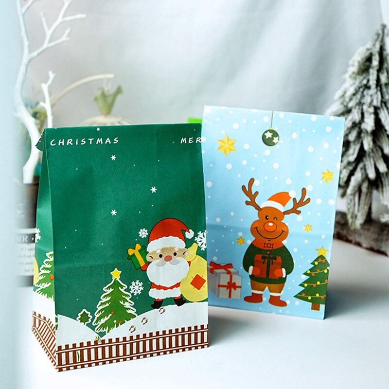 10 stk christmas santa elg papirposer stand up slik mad papir segl pakning års fest favoriserer madpose til småkager