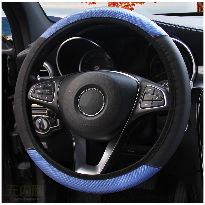 Carbon Fiber Kunstleer Auto Stuurhoes Zonder Binnenring Voor Vier Seizoenen Universele Stuurwiel Gevlochten 38Cm cover: Blue
