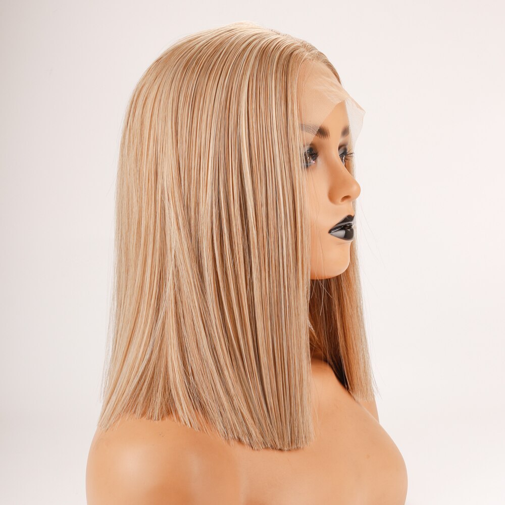 Dlme Lace Front Pruik Blonde Bob Pruik 14 "Korte Blonde Bob Pruik Natural Straight Midden Deel Synthetische Lace Frontal pruik