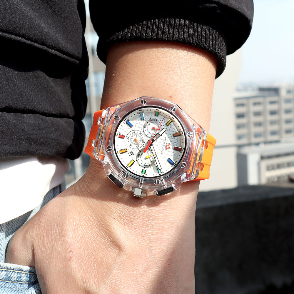 MINI FOCUS Relojes deportivos de cuarzo para hombre con correa de silicona naranja Cronógrafo Reloj de pulsera luminoso resistente al agua con calendario