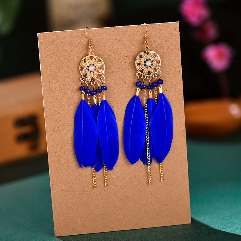 Bohemian Woven Dream Catcher Feather Dangle Earrings for Woman Trendy Boho Long Tassel Earring Wedding Jewelry: E1459-Blue