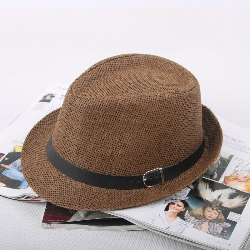 Jazz männer Hut Woven Stroh Sonnenschirm Hut Lässig Hut Gürtel Schnalle Strand Hut Stroh Sonnenhut Weiß Hochzeit Schwarz Gürtel frauen Fedoras Gorro: NO.1-Coffee