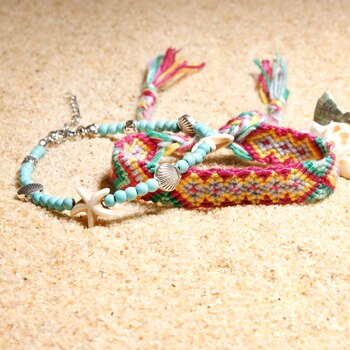 Lune fille 2 pièces coquille perles étoile de mer bracelets de cheville pour les femmes Double couche cheville jambe Bracelet à la main bohème fille bijoux directe