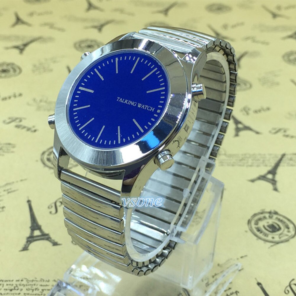 Arabic Talking Watch Unisex Quartz with Blue Dial and Silver Stainless Steel Bracelet