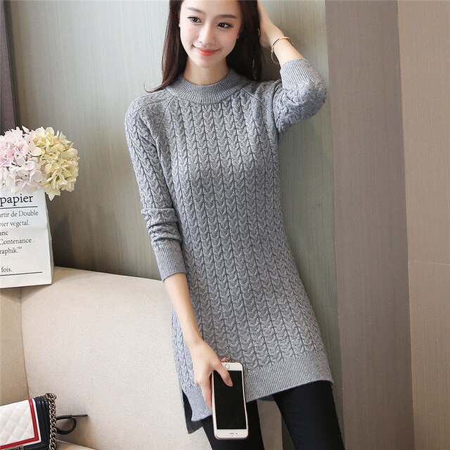 Pull-over mi-long tricoté pour femme, couleur unie, Slim, grande taille, automne hiver, , hauts 125: gray / XXL