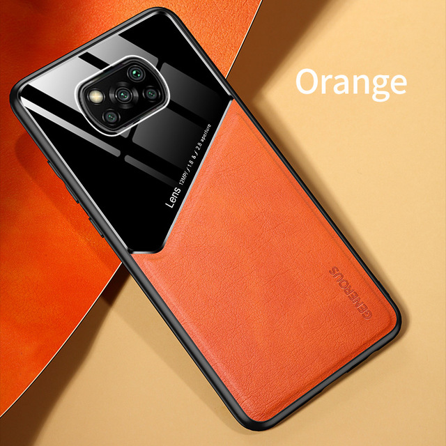 car magnetic holder plexiglass leather texture phone cover for xiaomi poco x3 pro x3pro x 3 nfc pocox3 nfs case shockproof coque: ABS / Orange