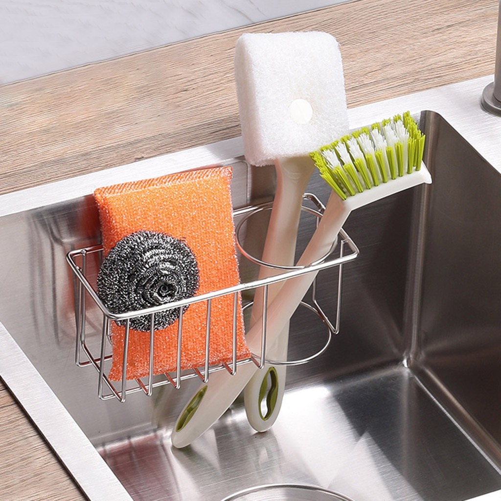 Zelfklevende Spons Houder Borstel Houder 2-In-1 Sink Caddy Rvs Afvoer Rek Keuken Spons Rack Keuken organizer