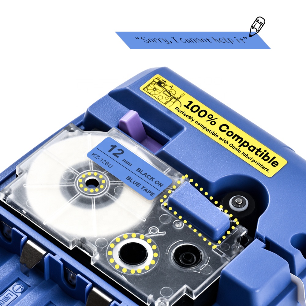 Casio Label Cassette Black on Blue 12mm XR-12BU 100% Compatible Label Tape for Casio Label Printers