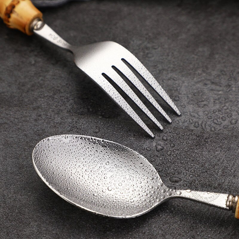 Juego de cubiertos con mango de bambú Natural, vajilla de acero inoxidable, vajilla de cocina, incluye tenedores, cucharas, cuchillos