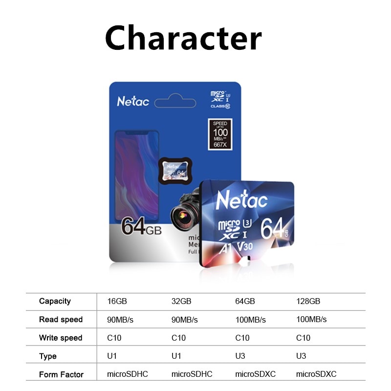 Netac P500 A1 Memory Card 32GB 16GB 64GB 128GB 100MB/S Micro SD Card Class10 UHS-1 SD Card 64GB Cards Free Shiping