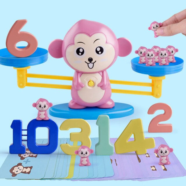 Math Match Game Board Toys Monkey Cat Digital Balance Scale Toy Kids Educational Learning Toy Add Subtract Math Toys Kids: monkey pink