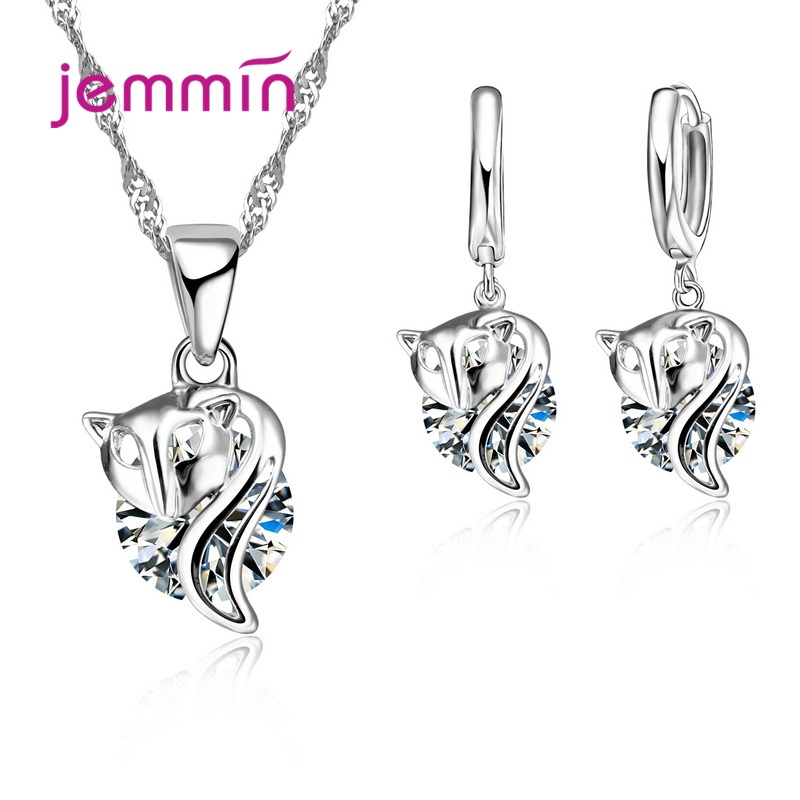 925 Sterling Silver Trendy Crystal Pendant Necklace Earrings Jewelry Set For Women Girls Wedding Engagement Jewelry: Silver