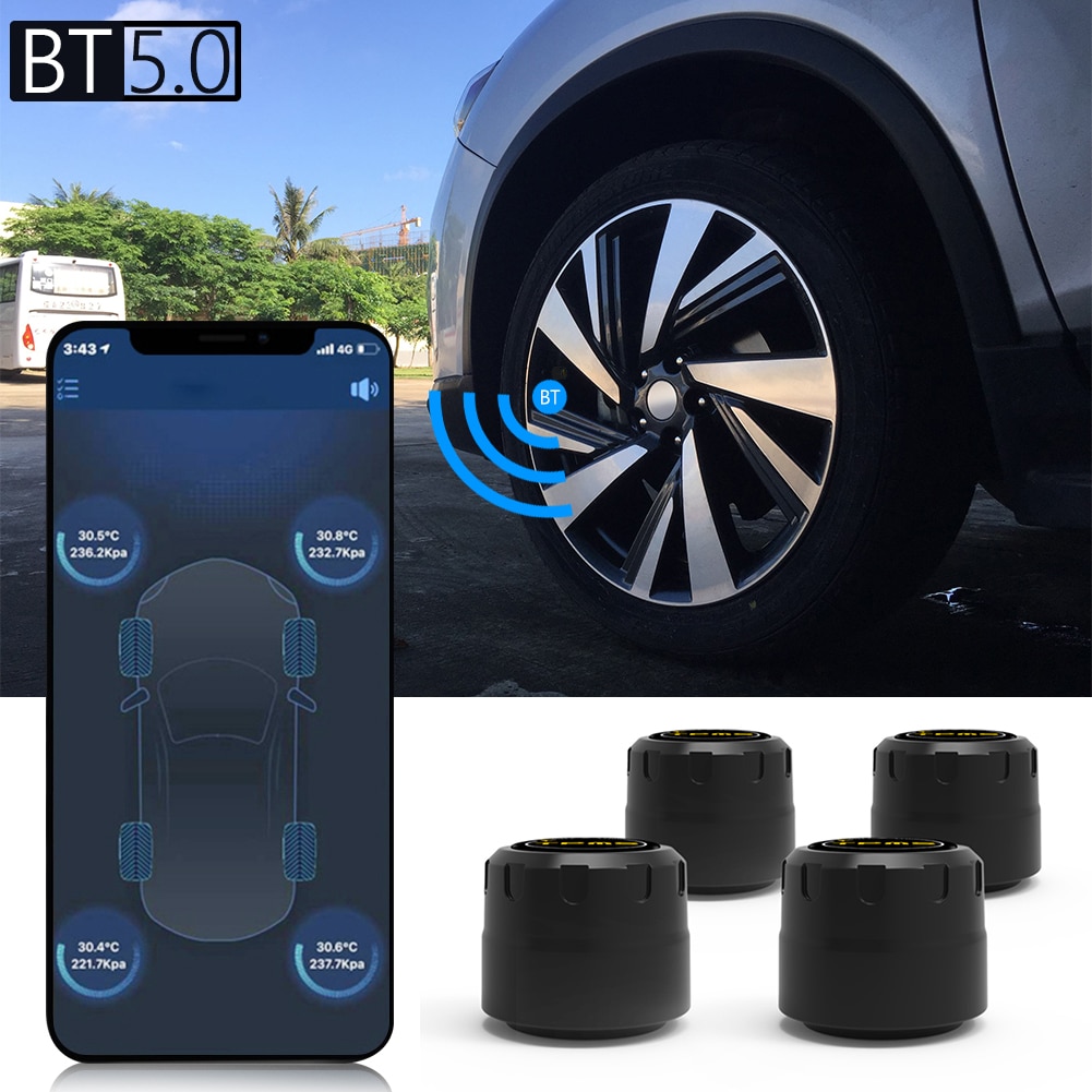 Bluetooth 5.0 TPMS Car Tire Tyre Pressure Monitoring System 4 External Sensors for iOS Android APP Mobile Phone Monitoring Alarm