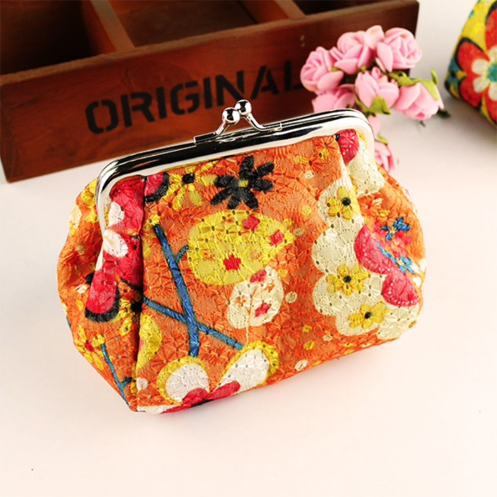 Floral Pattern Coin Purse Portable Metal Hasp Headset Storage Bag Phone Bag Polyester Clutch Wallet Woman: black