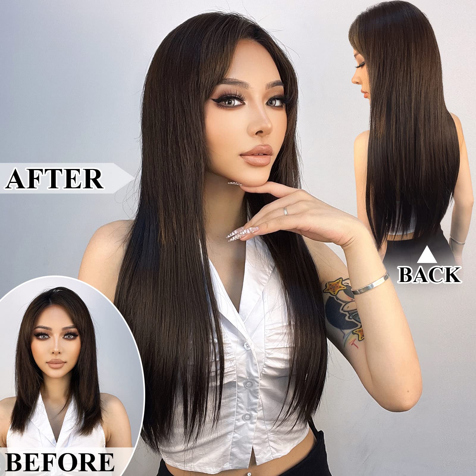 Grampo reto longo em extensões de cabelo 4 pçs/set sintético 22 ''preto marrom escuro cor mista fibra resistente ao calor