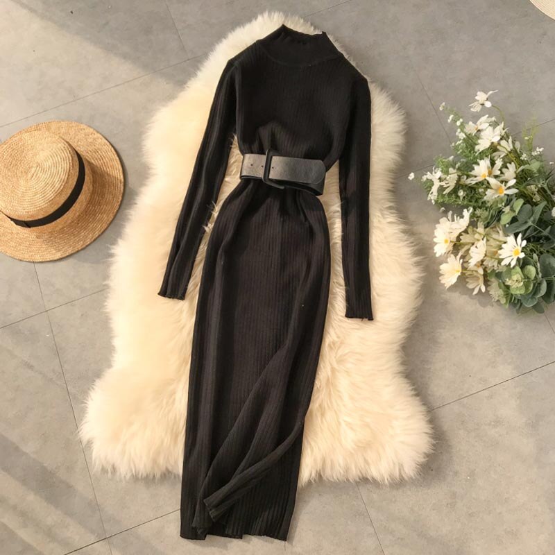Yuoomuoo god tyk rullekrave sweater kjole kvinder vinter koreansk bodycon arbejdskjole dame strikkjole: Sort