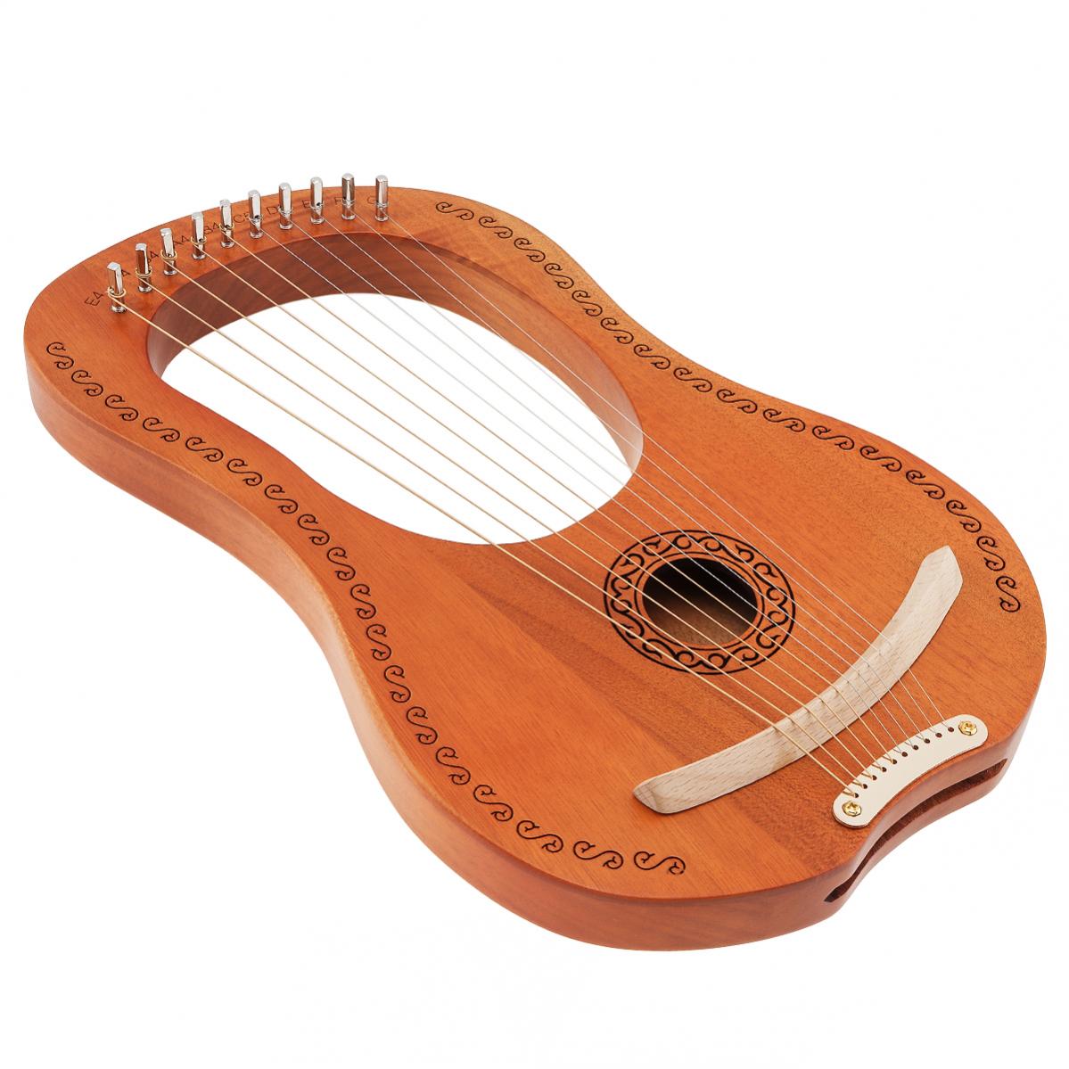 10 String Lyre Harp Solid Mahogany Wood Carving Reindeer with Tuning Hammer String Instrument