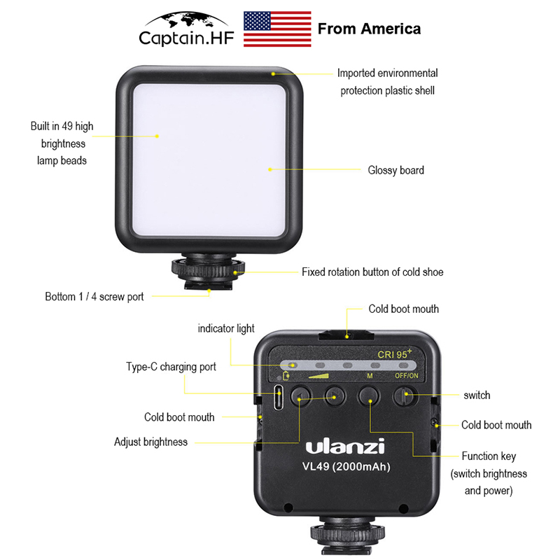 US Captain Mini lumière vidéo LED rechargeable VL100 4.5W COB éclairage photographique à intensité variable haute luminosité sur appareil photo pour reflex numérique ou Smartphone