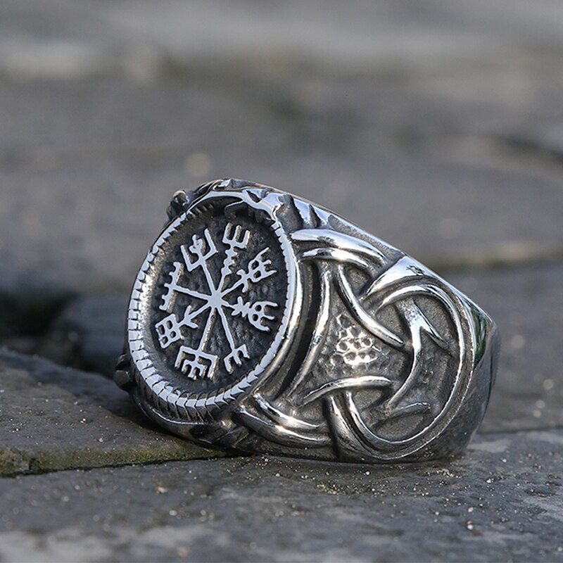 Vintage viking aegishjalmur ring rustfrit stål nordisk mønster kompas vegvisir ring mænd amulet mønster smykker
