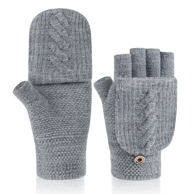 Vinter mænds jacquard fingerfri flap uld strikkede handsker sport fitness elastisk berøringsskærm tykkere varm kørsel mittnes  l42l: Lysegrå