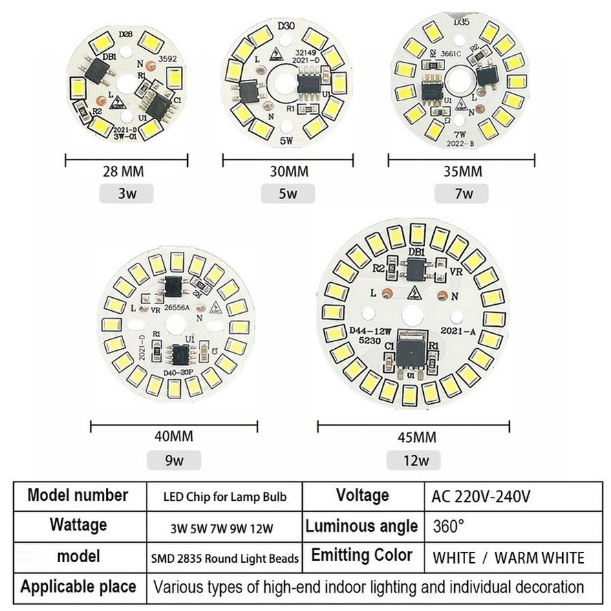 HZZKZZ 10 Uds AC 220V-240V Chip LED 3W 5W 7W 9W 12W 15W No necesita controlador SMD 2835 cuentas de lámpara redondas blancas cálidas y frías para bombilla