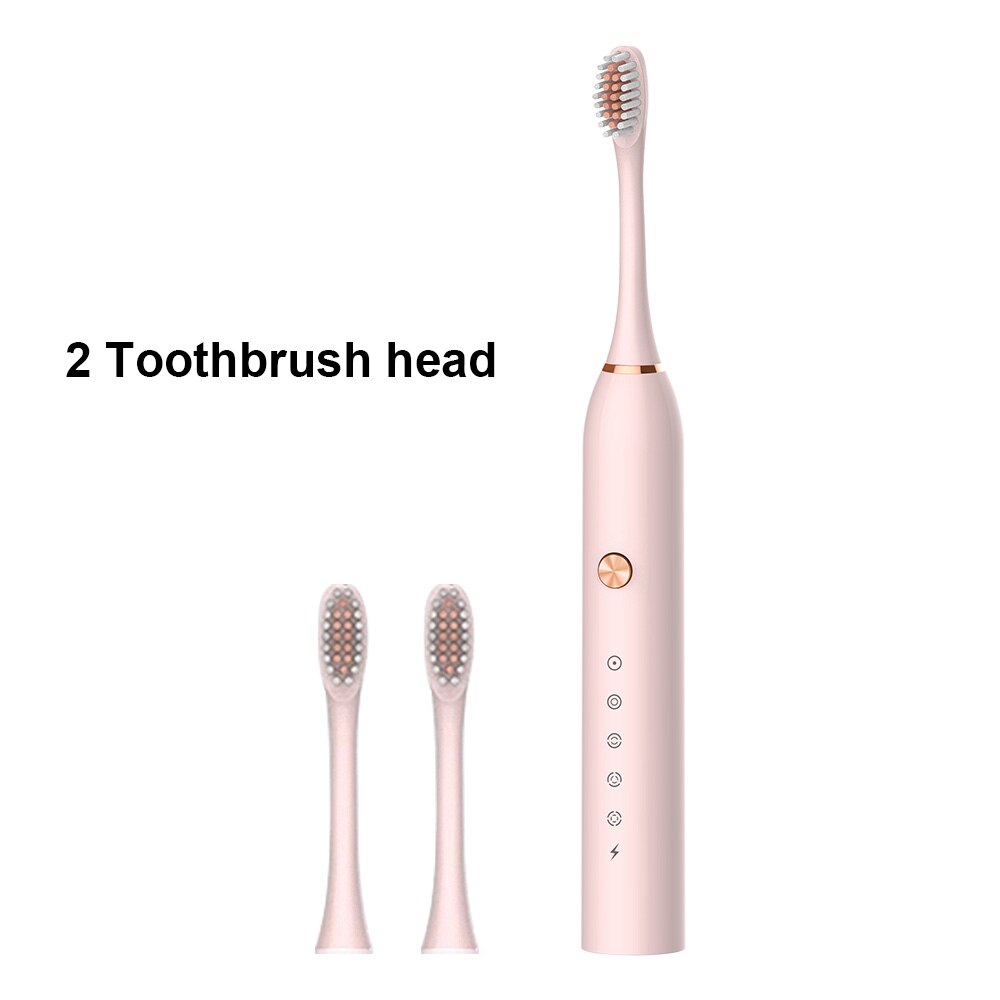 Powerful Ultrasonic Sonic Electric Toothbrush USB Rechargeable Toothbrush Adult Electronic Washable Whitening relax Teeth Brush: Pink 2 Heads